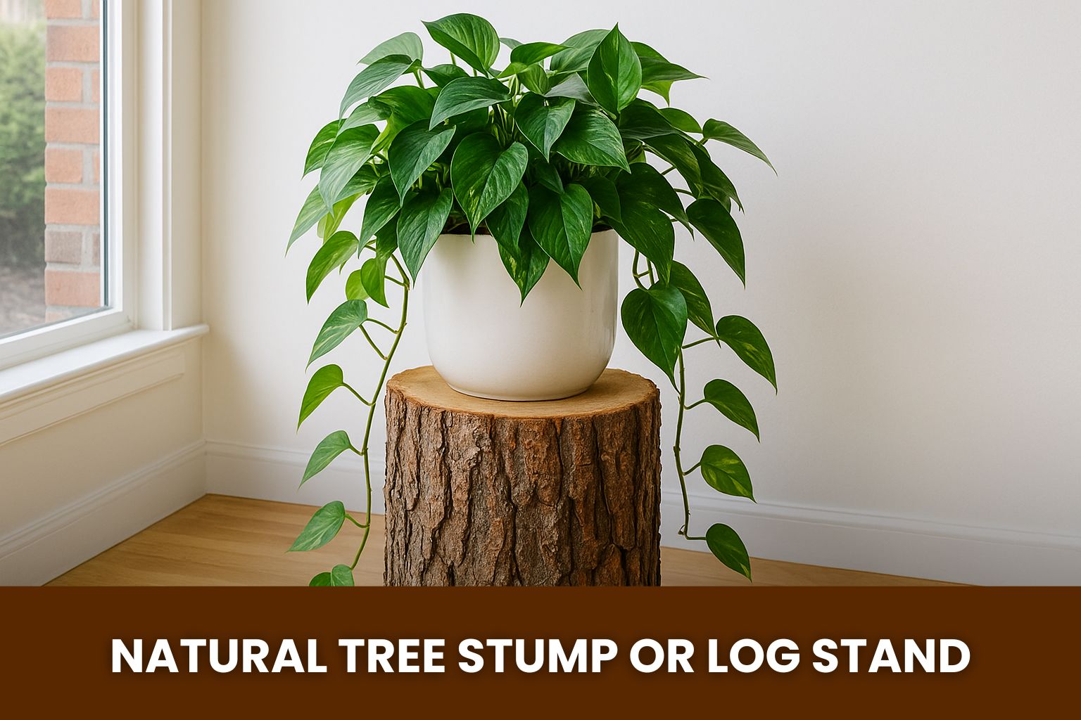 Natural tree stump or log used as a rustic indoor plant stand with lush pothos in white ceramic pot – Urban Plant